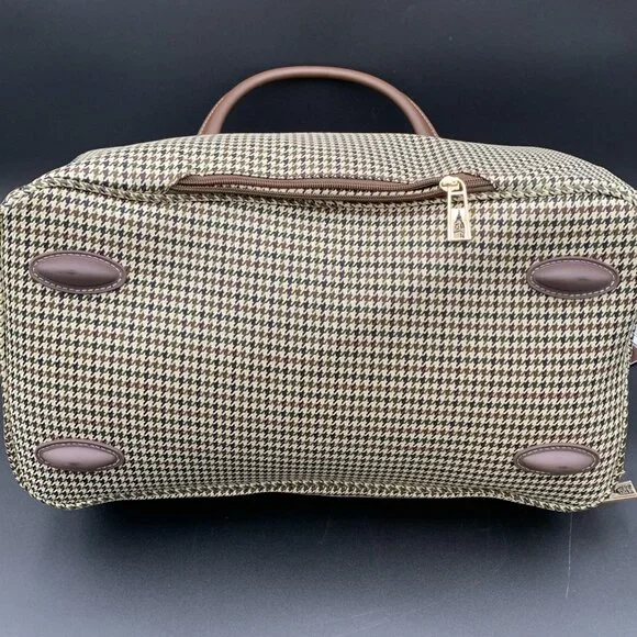 London Fog Oxford III Olive Houndstooth Carry On Duffel Bag Leather Trim 16" - Picture 8 of 8